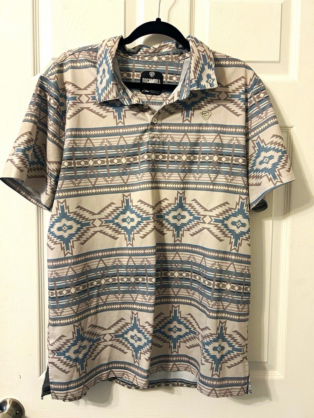 Rock & Roll Denim Men's Geometric Western Short Sleeve Collared Button Polo XL